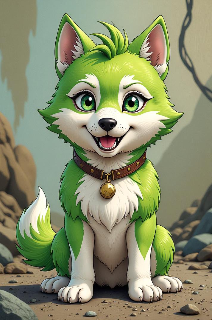 Anime style s Miniature Husky from Fallout universe, Flat Top lime green hair, spring, expressions shot