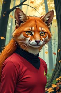 Anime style s African Civet from Star Trek universe, Grungey Long safety orange hair, autumn, hip level shot