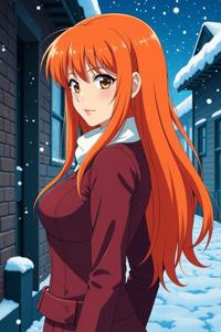 anime style masterpiece,best quality , Long carrot orange hair, winter