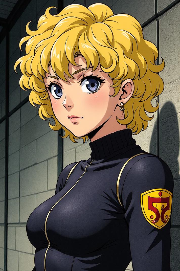 Anime style s Urutu Snake from Prison universe, Short Curly gold hair, spring, shoulder level shot