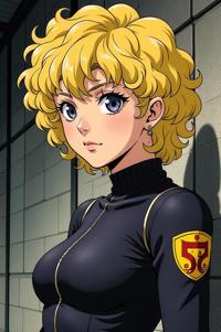 Anime style s Urutu Snake from Prison universe, Short Curly gold hair, spring, shoulder level shot