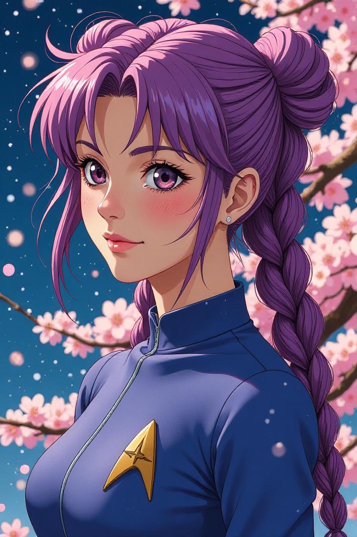 Anime style s Hokkaido from Star Trek universe, Cornrows amethyst hair, spring, high angle shot