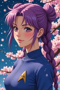 Anime style s Hokkaido from Star Trek universe, Cornrows amethyst hair, spring, high angle shot