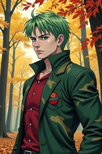 Anime style s Huskador from The Dark Tower universe, Bald camouflage green hair, autumn, perspective shot