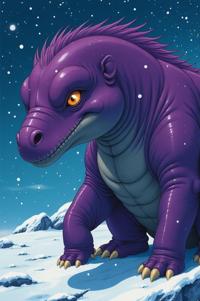 Anime style s Platybelodon from Pirates of the Caribbean universe, Over Eye royal purple hair, winter, looking away shot