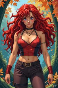 Anime style s Tusoteuthis from Mortal kombat universe, Bob Curly scarlet hair, autumn, from above shot