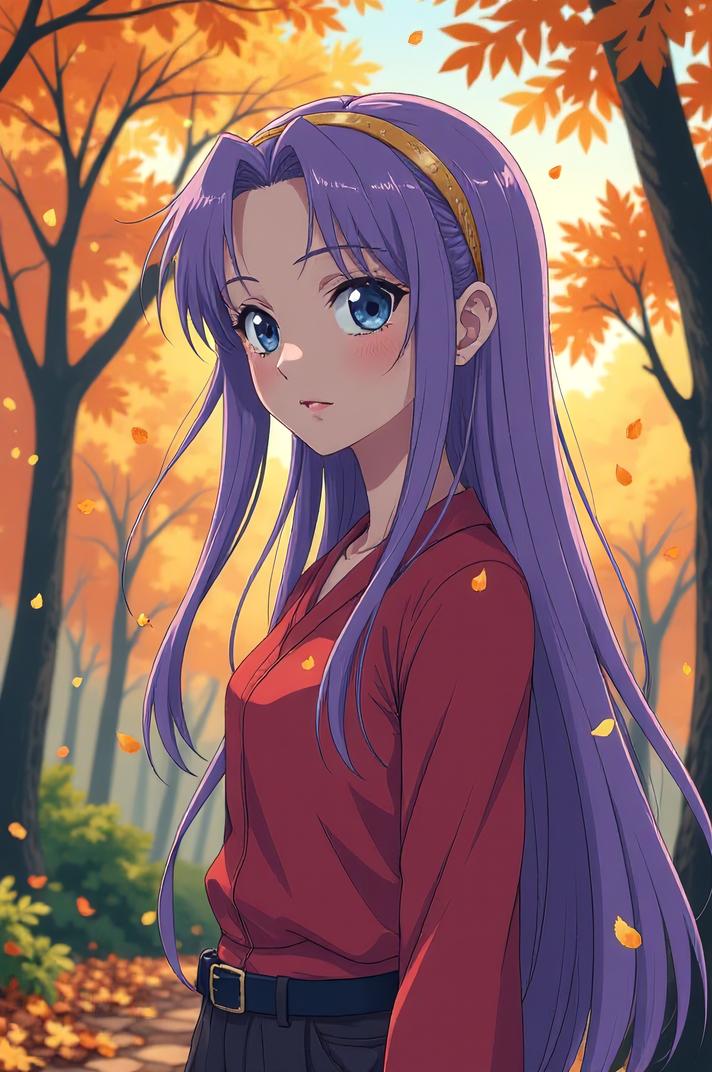 Anime style s Jackabee from Avatar universe, Grungey Long lilac hair, autumn, looking away shot