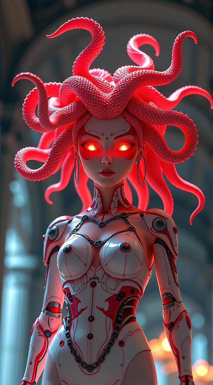sci fi, digital art, robotic deep red Medusa, the Medusa is dressed in Classicism Art fashion style cybernetics