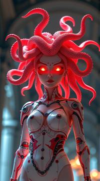 sci fi, digital art, robotic deep red Medusa, the Medusa is dressed in Classicism Art fashion style cybernetics