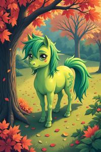Anime style s Springador from Rick and Morty universe, Pony Tail spring green hair, autumn, aerial view shot