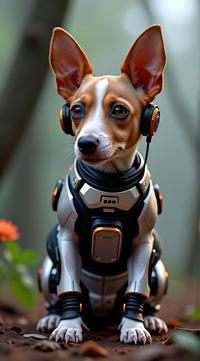 sci fi, digital art, robotic Jack Russell Terrier, dressed in cybernetics