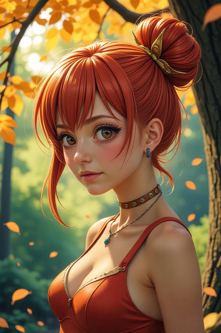 Anime style s Wax Moth from Mass Effect universe, Bun chestnut hair, autumn, from below shot