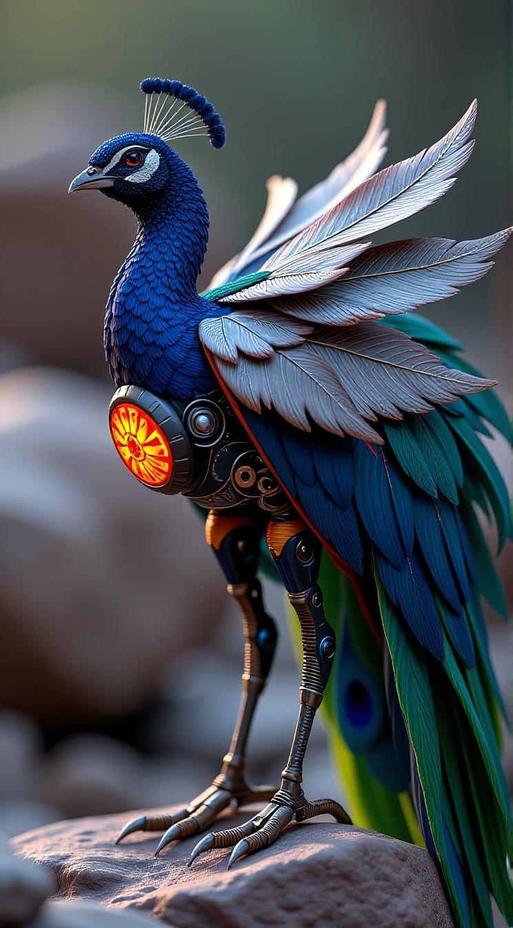 sci fi, digital art, robotic Peacock of Knowledge, it is wearing a Pirate Palauan cybernetics
