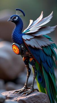 sci fi, digital art, robotic Peacock of Knowledge, it is wearing a Pirate Palauan cybernetics