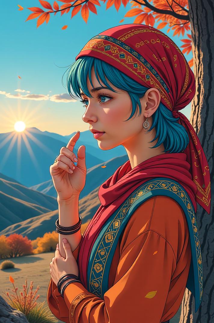 anime style masterpiece,best quality , Flat Top cerulean hair, autumn
