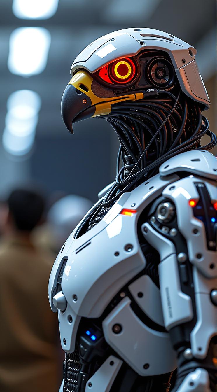 sci fi, digital art, robotic were Falcon, wearing Bright cybernetics from the Information Age