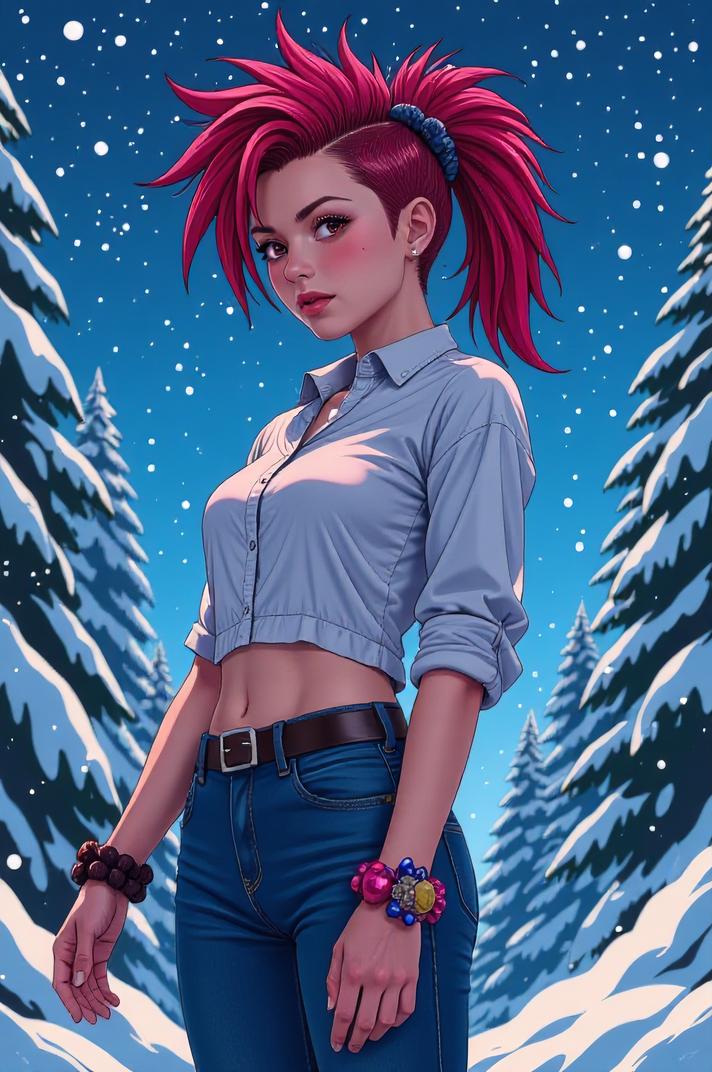 anime style masterpiece,best quality , Mohawk Fan ruby hair, winter