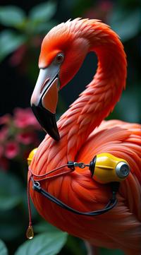 sci fi, digital art, robotic Flamingo, wearing cybernetics