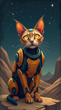 sci fi, stylized by John Liberto and John Berkey, digital art, robotic Egyptian Mau Cat