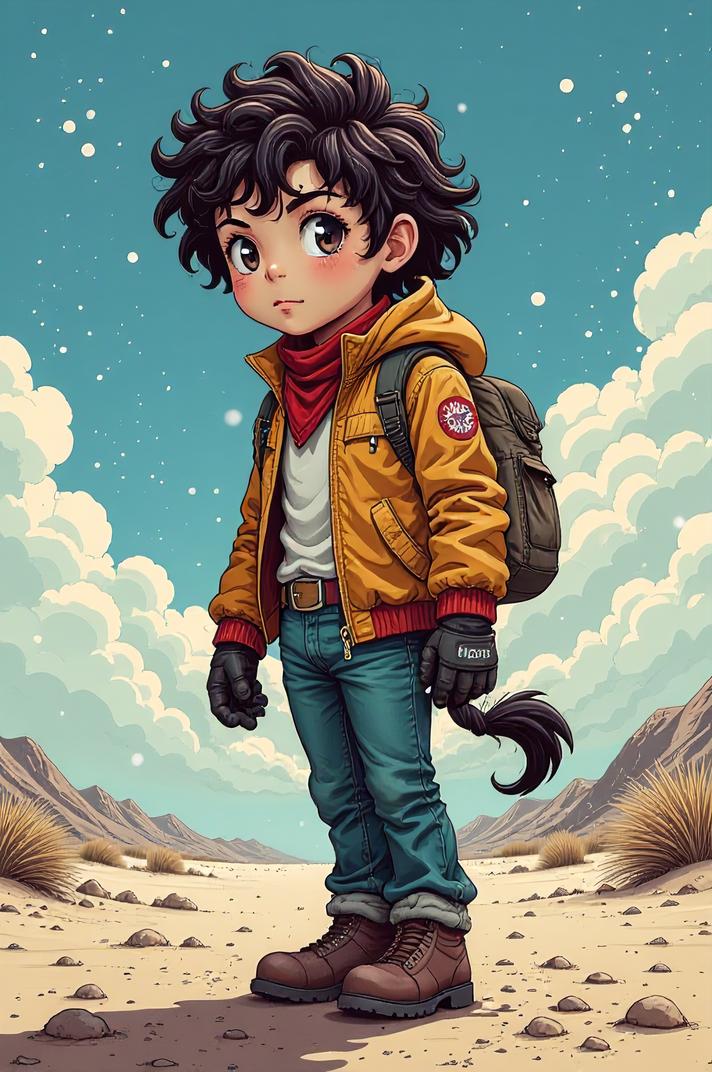 Anime style s Airedoodle from Mad Max universe, Bob Curly magnolia hair, winter, ground level shot