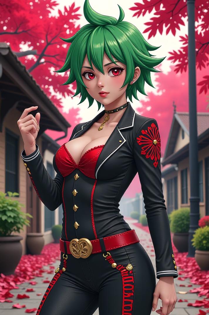 anime style masterpiece,best quality , Spike green hair, autumn