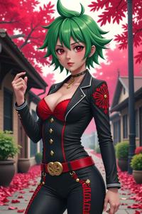 anime style masterpiece,best quality , Spike green hair, autumn