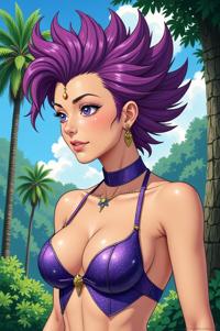 Anime style s Morpho Butterfly from Marvel universe, Mohawk Spike amethyst hair, summer, from below shot