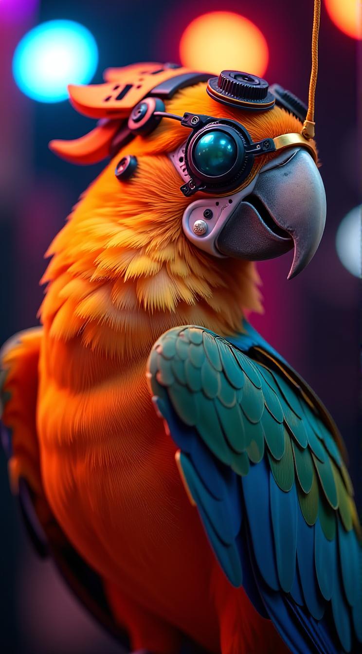sci fi, digital art, robotic Parrot, wearing cybernetics and Fascinator