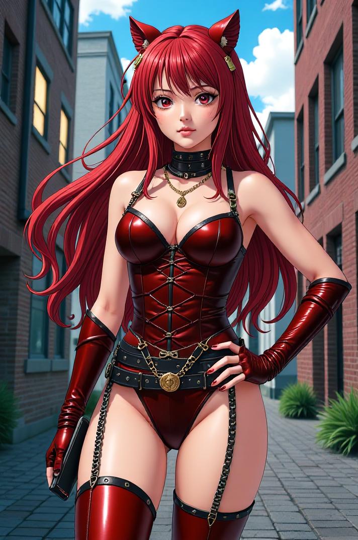 anime style masterpiece,best quality , Grungey Long vermilion hair, summer