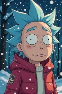Anime style s Animals that start with C from Rick and Morty universe, Left Parting midnight blue hair, winter, expressions shot