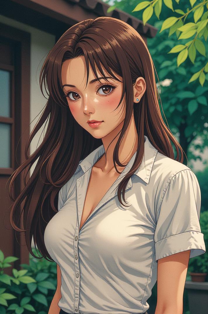 Anime style s Asian Cockroach from John Wick universe, Long Center Parting brown hair, summer, from below shot