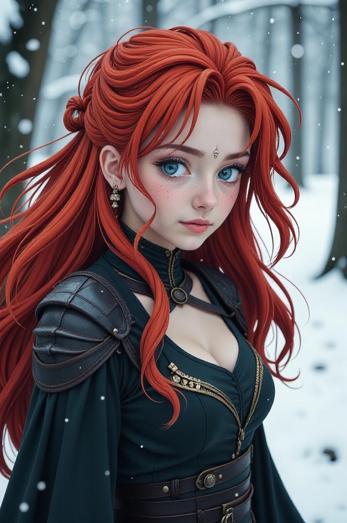 Anime style s Butterfly from Game of Thrones universe, Pulled Back rust hair, winter, aerial view shot