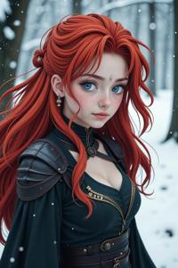 Anime style s Butterfly from Game of Thrones universe, Pulled Back rust hair, winter, aerial view shot