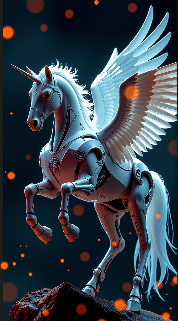 sci fi, digital art, robotic Pegasus of Elegance, it is wearing a cybernetics