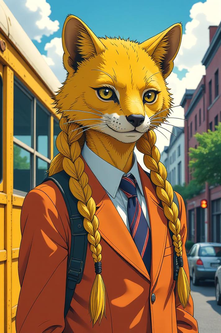 Anime style s African Civet from Rocketman universe, Longer Braids school bus yellow hair, spring, full body shot
