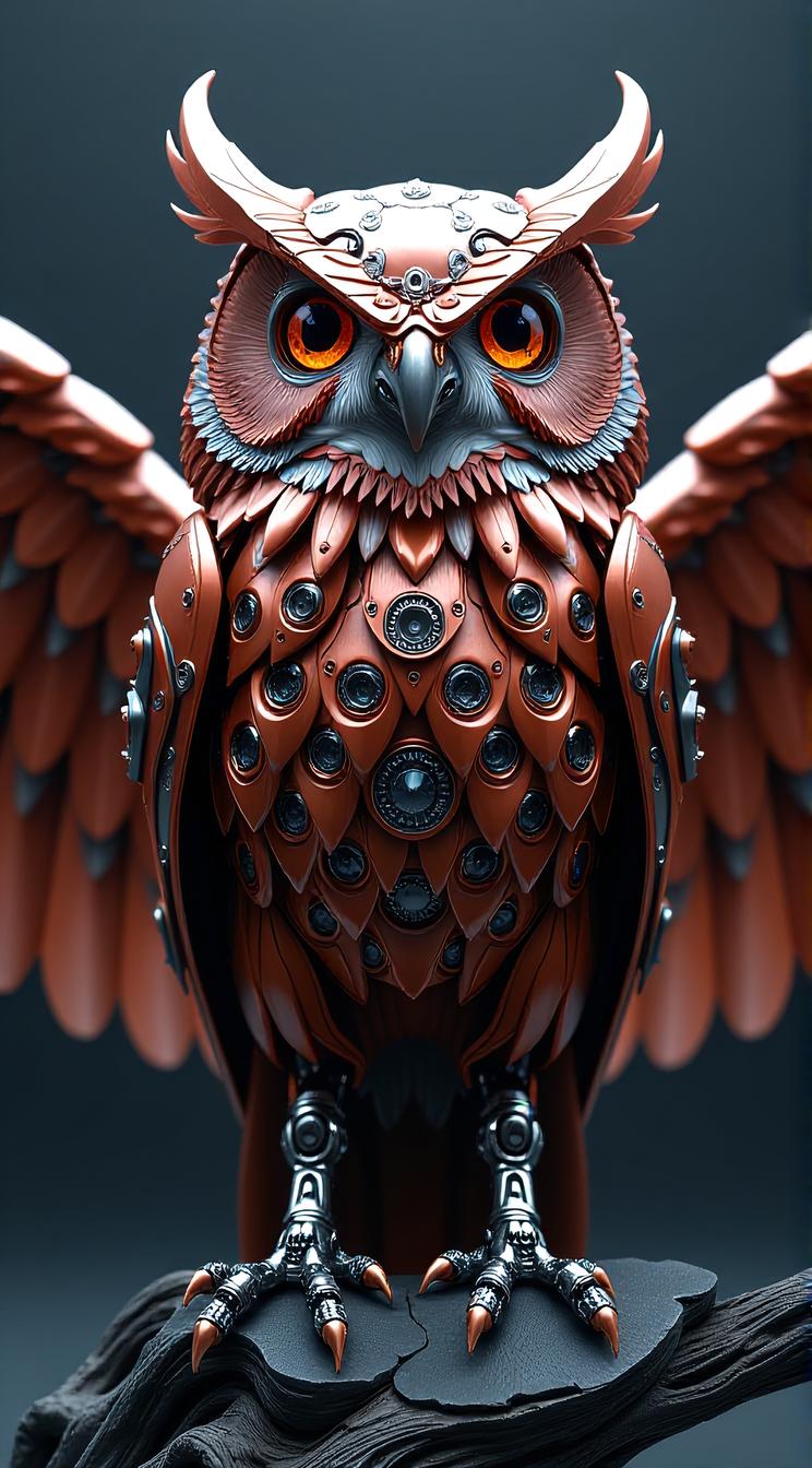 sci fi, digital art, robotic copper Owl, wearing Goddess cybernetics