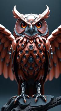 sci fi, digital art, robotic copper Owl, wearing Goddess cybernetics