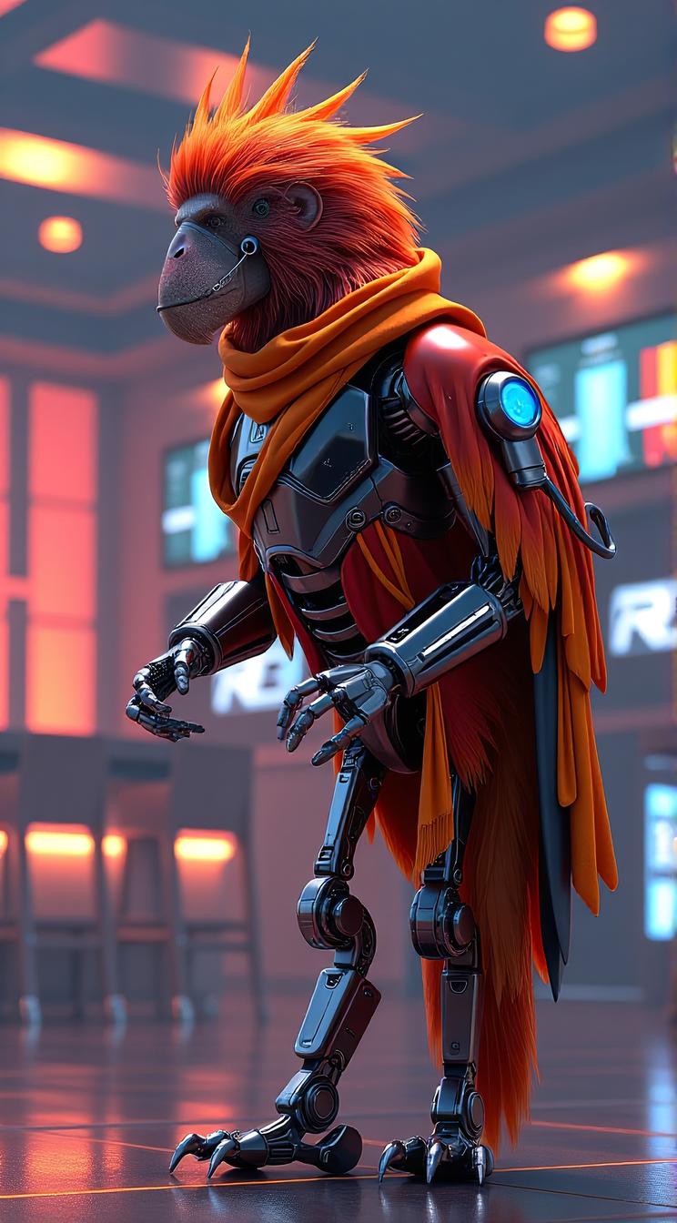 sci fi, digital art, robotic Parrot Orangutan surrounded by Counter stools, it is dressed in cybernetics