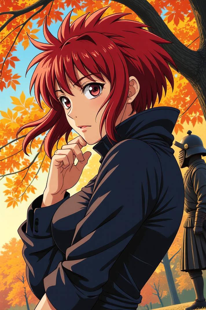 anime style masterpiece,best quality , Greased Back scarlet hair, autumn