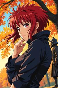anime style masterpiece,best quality , Greased Back scarlet hair, autumn