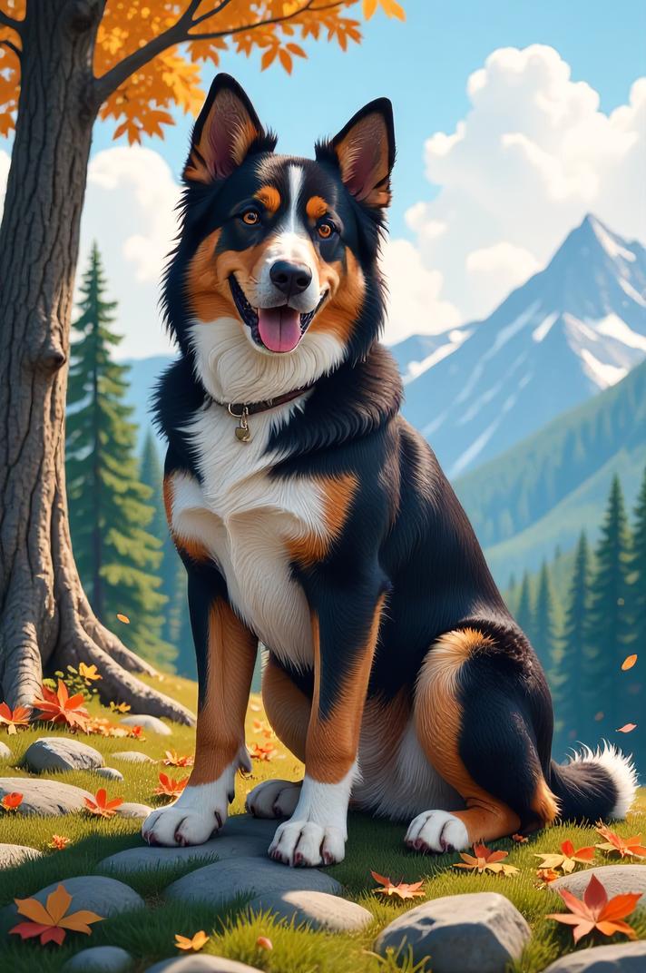 Anime style s Greater Swiss Mountain Dog from Pixar universe, Buffont puce hair, autumn, knee level shot