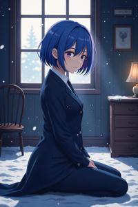anime style masterpiece,best quality , Bob blue violet hair, winter