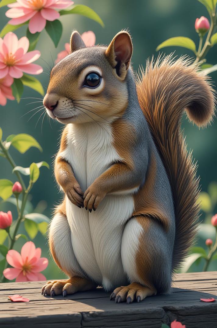 Anime style s Eastern Gray Squirrel from Blade Runner universe, Grungey Long seashell hair, spring, from above shot