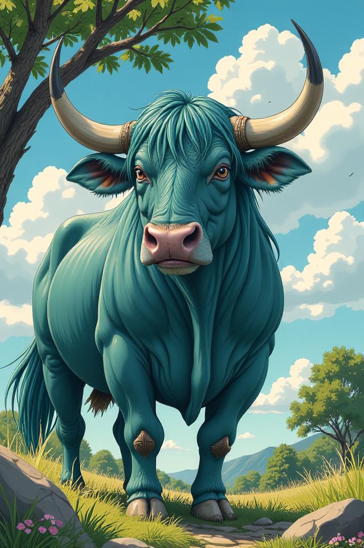 Anime style s Aurochs from Pixar universe, Long teal hair, spring, from below shot