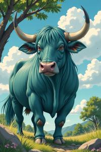 Anime style s Aurochs from Pixar universe, Long teal hair, spring, from below shot
