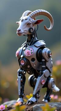 sci fi, digital art, full body shot of a robotic Goat , it is dressed in cybernetics