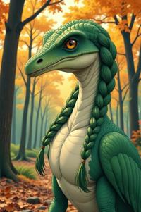 Anime style s Pteranodon from Fargo universe, Longer Braids moss green hair, autumn, shoulder level shot