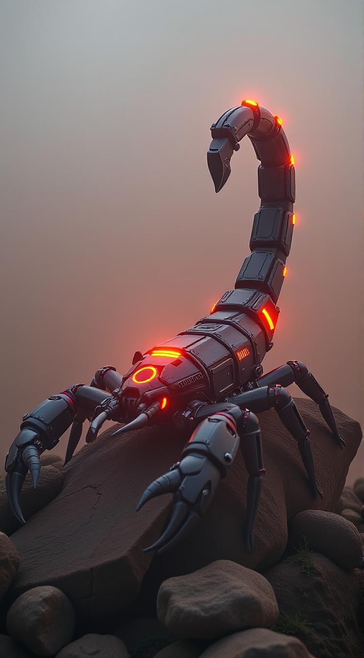 sci fi, designed by Dan McPharlin and Ian McQue, digital art, robotic Scorpion