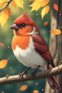 Anime style s Chipping Sparrow from Pixar universe, Over Eye burgundy hair, autumn, shoulder level shot