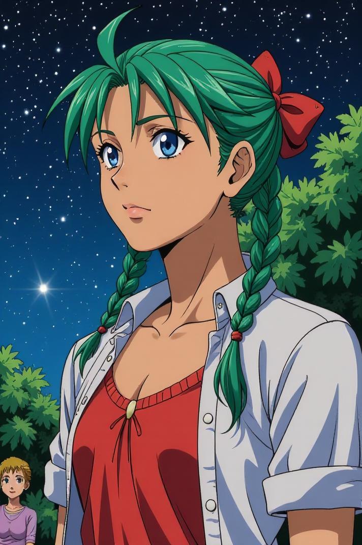 Anime style s Night Adder from Band of Brothers universe, Cornrows celadon hair, summer, from below shot